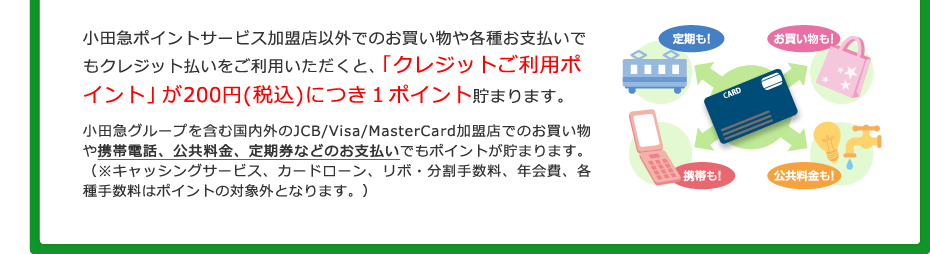 小田急ポイントサービス加盟店以外でのお買い物や各種お支払いでもクレジット払いをご利用いただくと、「クレジットご利用ポイント」が200円(税込)につき1ポイント貯まります。 小田急グループを含む国内外のJCB/Visa/MasterCard加盟店でのお買い物や携帯電話、公共料金、定期券などのお支払いでもポイントが貯まります。（※キャッシングサービス、カードローン、リボ・分割手数料、年会費、各種手数料はポイントの対象外となります。）